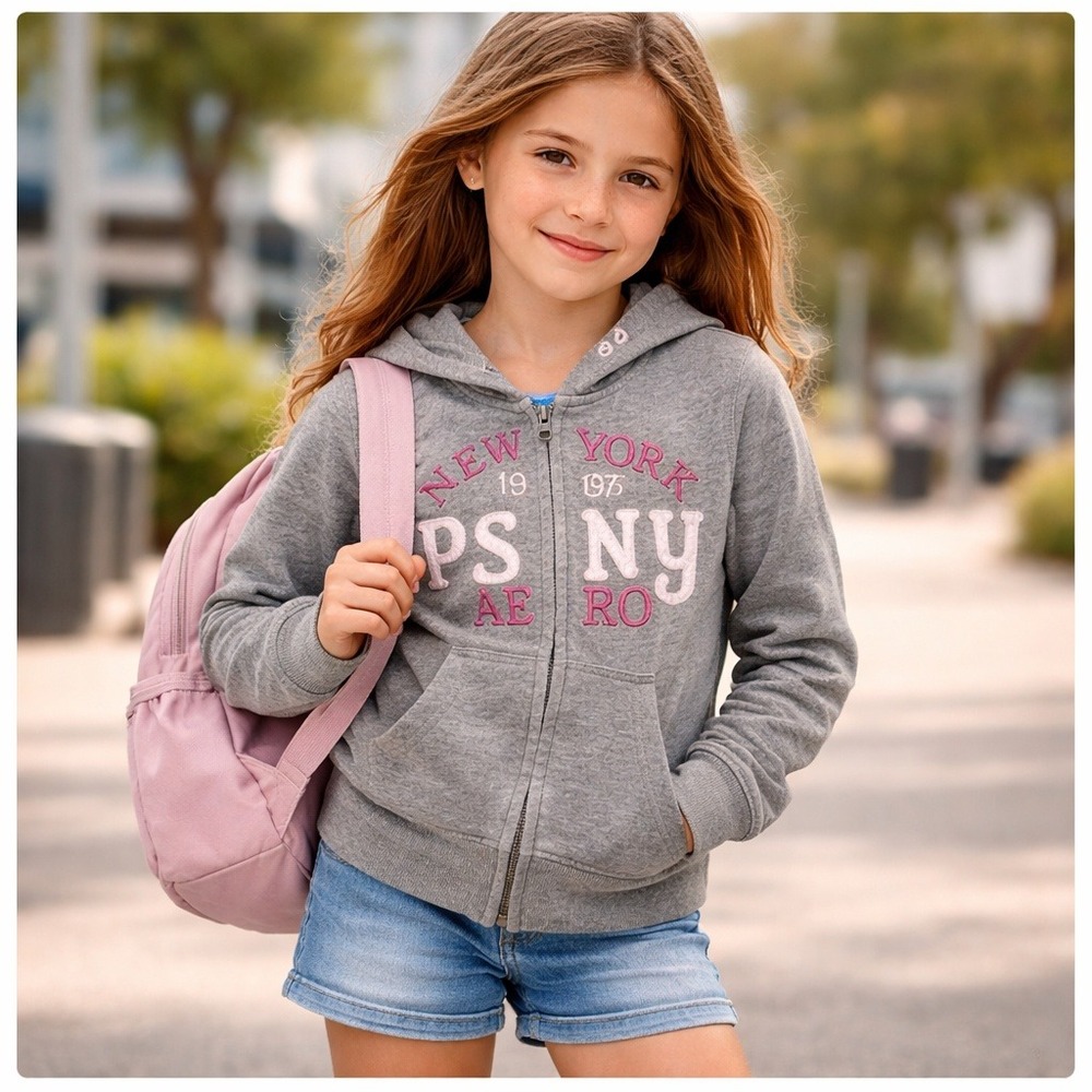 PS from Aeropostale Girls Size 7 Gray Zip Up Hoodie‎ Varsity New York PSNY AERO